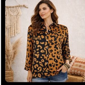 NWT Umgee Large gold black Leopard button blouse quiet luxury‎ old money women